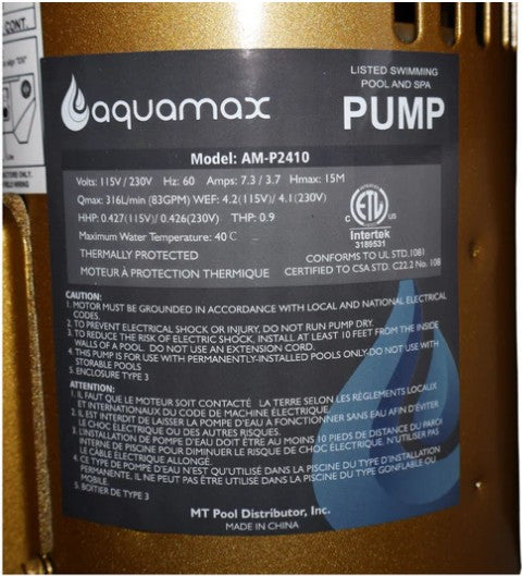1 HP AQUAMAX POOL PUMP W/ UNIOIN 115V230V