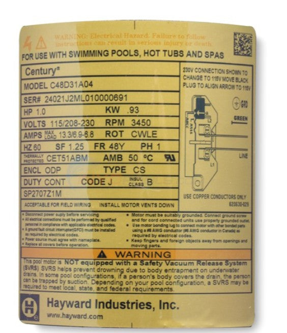 Hayward MaxFlo XL® High Efficiency Medium Head Pump 1HP 1.25 THP 115/230V